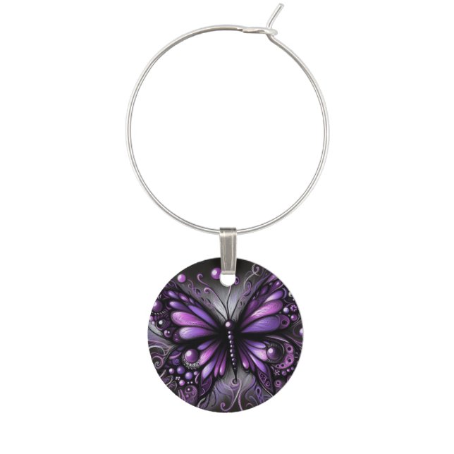 Whimsigoth Purple Butterfly Gothic Dark Academia Wine Charm (Front)