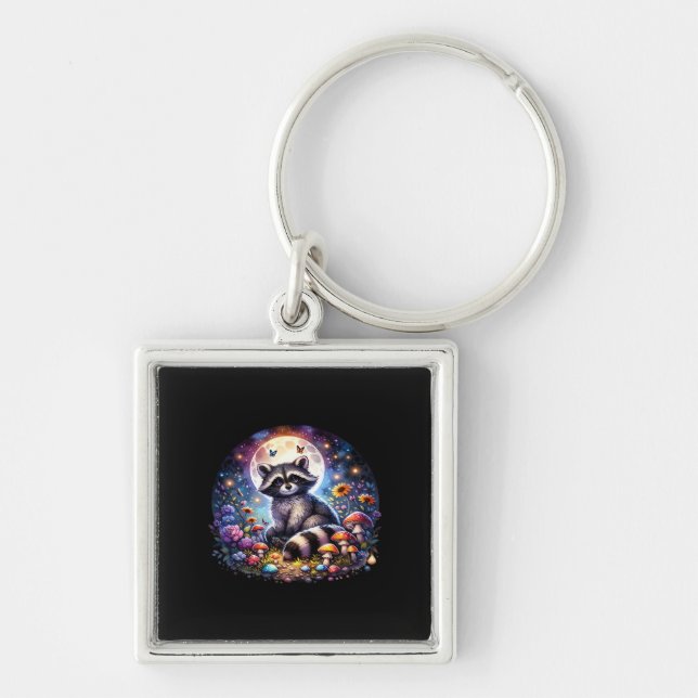 Whimsigoth Raccoon By Moonlight, Cute Colorful Fan Keychain (Front)