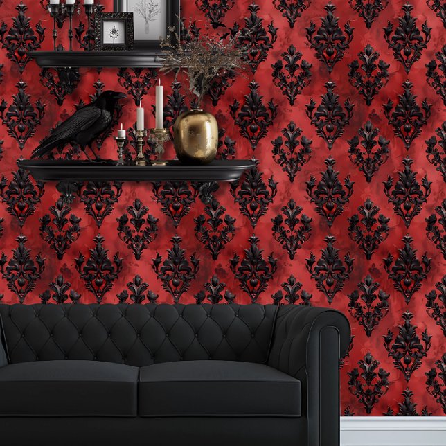 Whimsigoth Red and Black Vintage Style Wallpaper (Whimsigoth Dark Red & Black Wallpaper behind a black couch and floating goth shelves.)