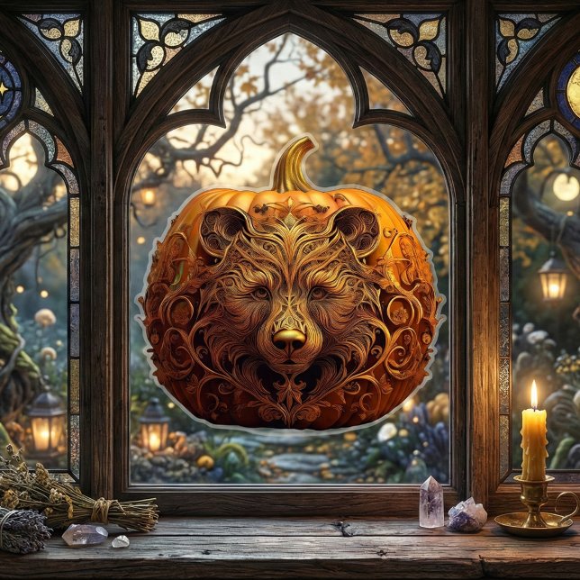 Whimsigoth Samhain Decor | Golden Bear Pumpkin Window Cling (Whimsigoth Samhain Decor | Golden Bear Pumpkin Window Cling. Autumn gothic home decor bear spirit)