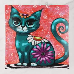 Whimsigoth Teal Floral Cat Maximalist Cute Trinket Tray