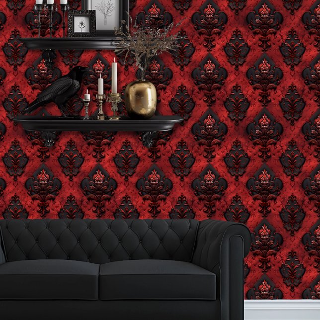 Whimsigoth Very Detailed Red and Black Wallpaper (Whimsigoth Dark Red & Black Wallpaper behind a black couch and floating goth shelves.)
