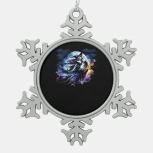 Whimsigoth Witch Flying Over Full Moon Women Kids Snowflake Pewter Christmas Ornament