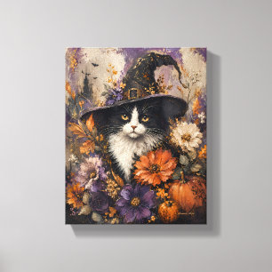 Whimsigothic Black Cat Witch Hat Autumn Floral Canvas Print