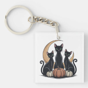 Whimsigothic Black Cats Pumpkin Moon Halloween  Keychain
