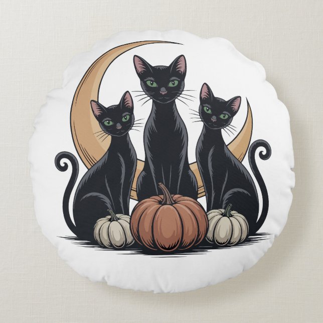 Whimsigothic Black Cats Pumpkin Moon Halloween  Round Pillow (Front)