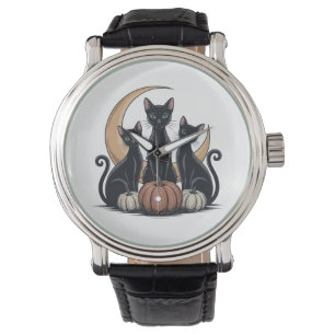 Whimsigothic Black Cats Pumpkin Moon Halloween Watch