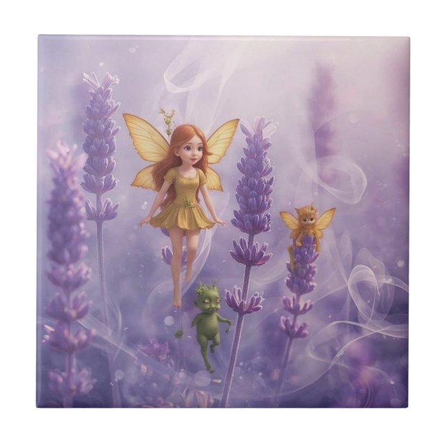 Whimsy Among the Purple Blooms Ceramic Tile (Front)