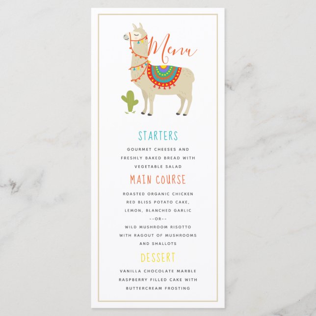 Whimsy Animal Llama Birthday Party Menu (Front)