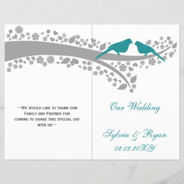 whimsy aqua lovebirds  folded Wedding program