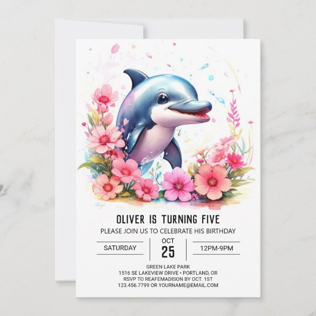 Whimsy Baby Dolphin Birthday invitation (Front)