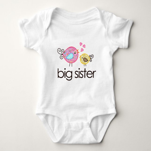 Whimsy Birds Big Sister T-shirt Announcement Baby Bodysuit (Front)