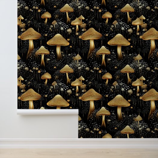 Whimsy Black Gold Mushrooms Pattern Peel And Stick