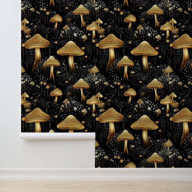 Whimsy Black Gold Mushrooms Pattern Peel And Stick Wallpaper (Application)