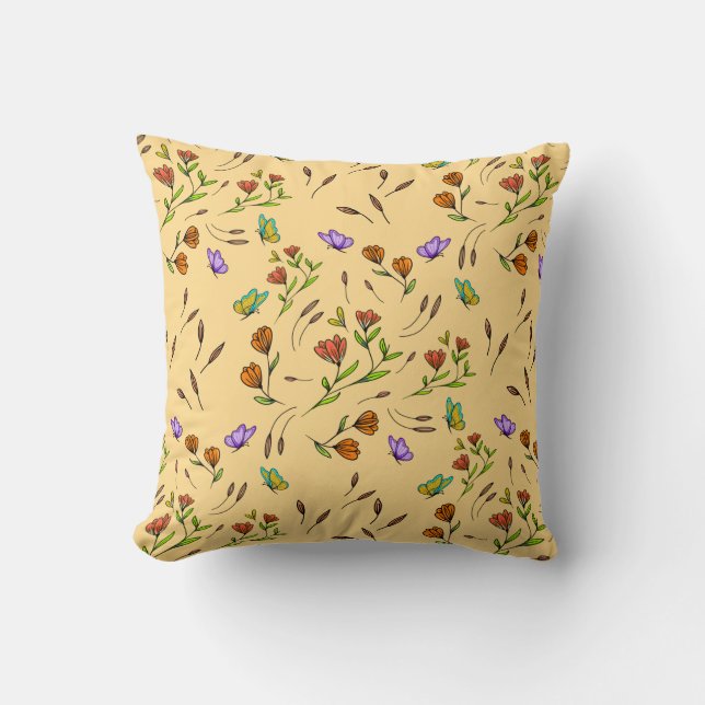 Whimsy Bloom Floral – Hand-Drawn Botanical Throw Pillow (Front)