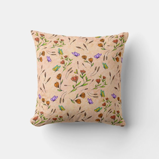 Whimsy Bloom Floral – Hand-Drawn Botanical Throw Pillow (Front)