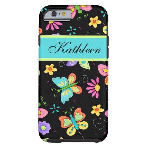 Whimsy Butterflies on Black Custom Name Tough iPhone 6 Case