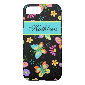 Whimsy Butterflies On Black Custom Name Iphone 8/7 Case by phyllisdobbs at Zazzle