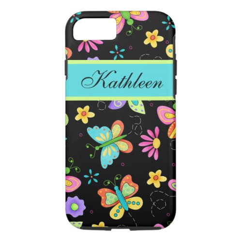 Whimsy Butterflies on Black Custom Name iPhone 87 Case