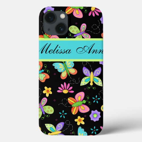 Whimsy Butterflies on Black Custom Name iPhone 13 Case