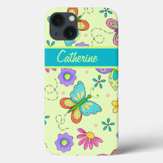 Whimsy Butterflies on Green Custom Name iPhone 13 Case