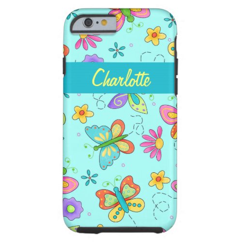 Whimsy Butterflies Turquoise Blue Custom Name Tough iPhone 6 Case