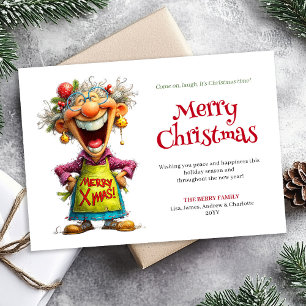 Whimsy Cartoon Woman Merry Christmas Greeting Holiday Card