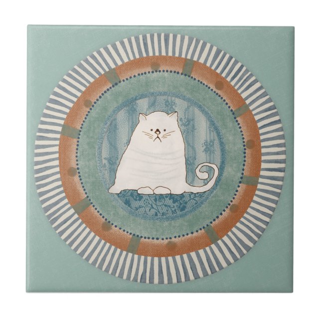 Whimsy Cat Mint Blue Terracotta Aqua Teal Ceramic Tile (Front)