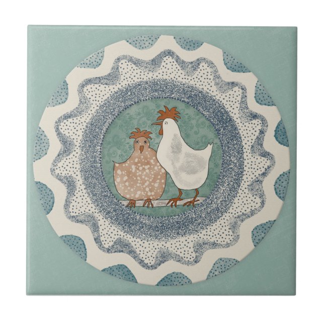 Whimsy Chickens Mint Blue Terracotta Teal Aqua Ceramic Tile (Front)