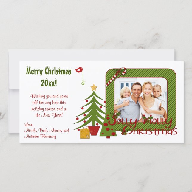 Whimsy Christmas Trees, Bird, Stripes Photo Card (Front)