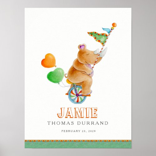 Whimsy circus brown rhino on a unicycle nursery poster