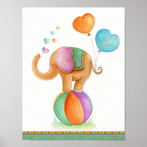 Whimsy circus elephant brown green nursery poster