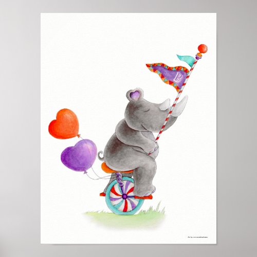 Whimsy circus gray rhino on a unicycle nursery poster