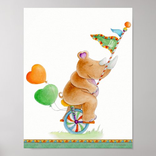 Whimsy circus rhino brown green nursery poster