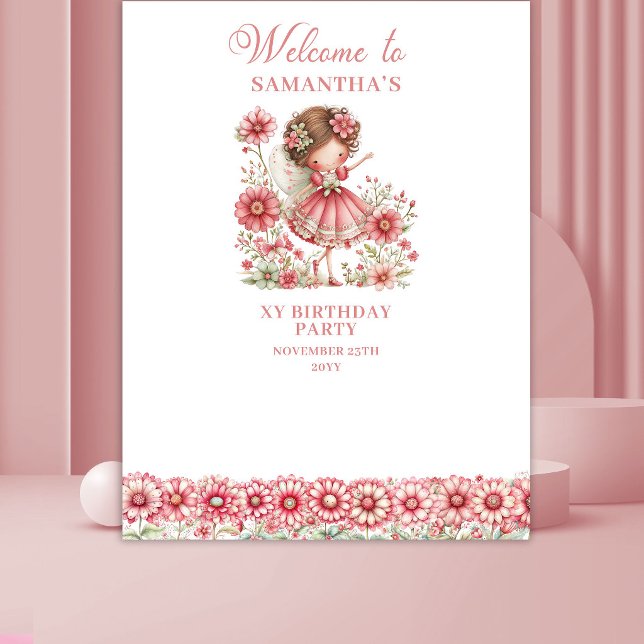 Whimsy Cute Fairy Pink Floral Birthday Backdrop (Whimsy Cute Fairy Pink Floral 1st Birthday Backdrop)
