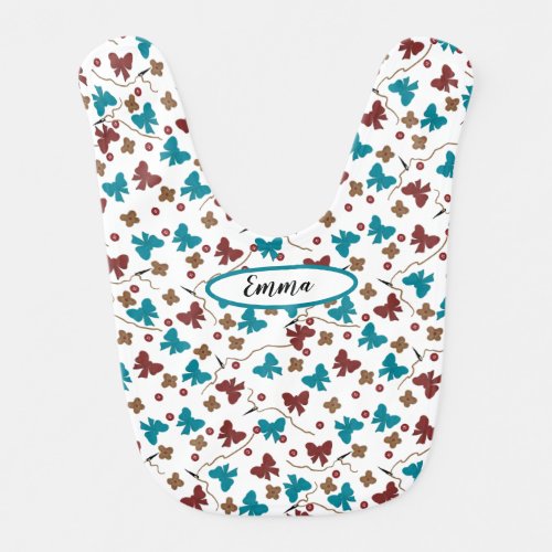 Whimsy Dark Red and Teal Bows Buttons Flowers Baby Bib