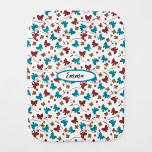 Whimsy Dark Red and Teal Bows Buttons Flowers Baby Burp Cloth