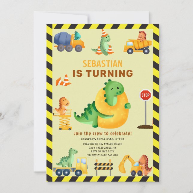 Whimsy Dinosaur Construction 9th Birthday Party  Invitation (Front)