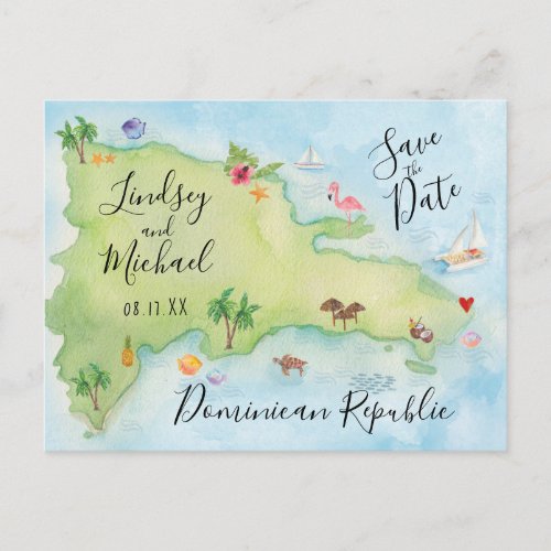 Whimsy Domincan Republic Map Save the Date Announcement Postcard