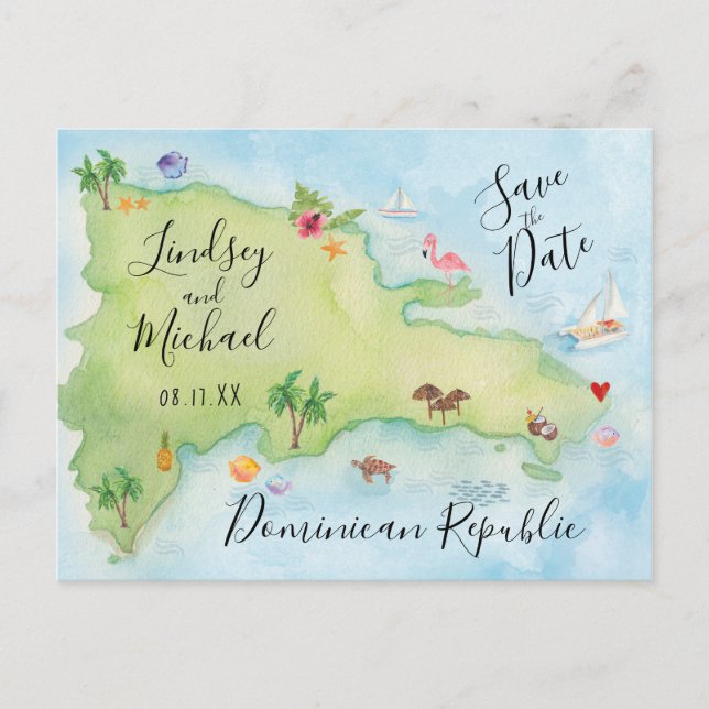 Whimsy Domincan Republic Map Save the Date Announcement Postcard (Front)