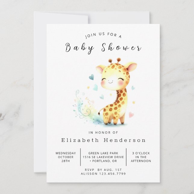 Whimsy Editable Giraffe Baby Shower Invitation (Front)