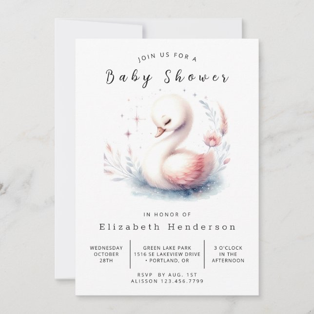 Whimsy Editable Swan Baby Shower Invitation (Front)