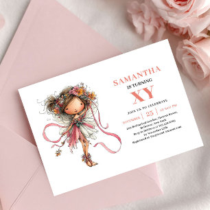 Whimsy Fairy Girl 9th Birthday Floral Pink invite