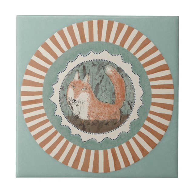 Whimsy Fox Mint Blue Terracotta Teal Aqua Ceramic Tile (Front)