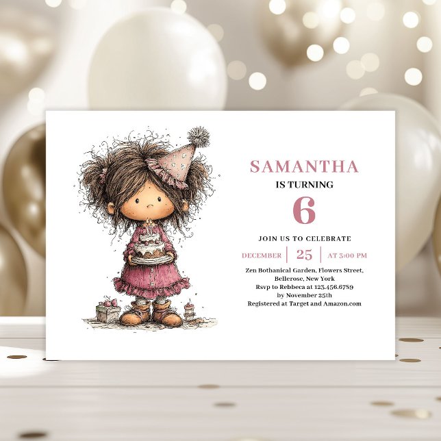 Whimsy Funny Girl 6th Birthday Invitation Pink (Whimsy Funny Girl 6th Birthday Invitation Pink)