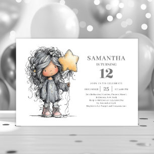 Whimsy Funny Girl 9th Birthday Black Gold Party Invitation