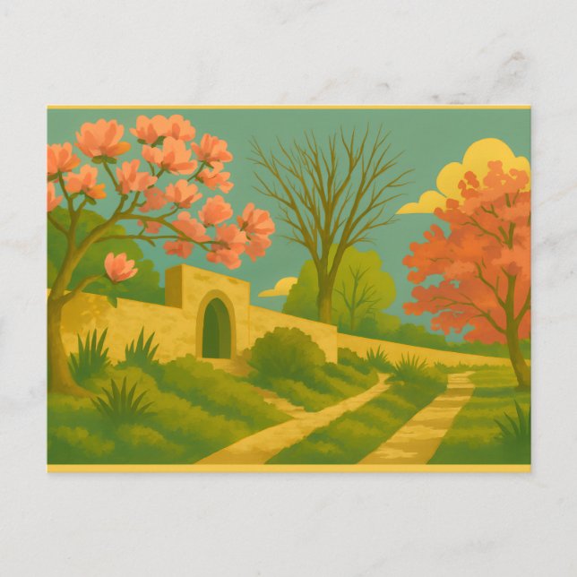 Whimsy Gate – Stylized Garden Path Painting Postcard (Front)