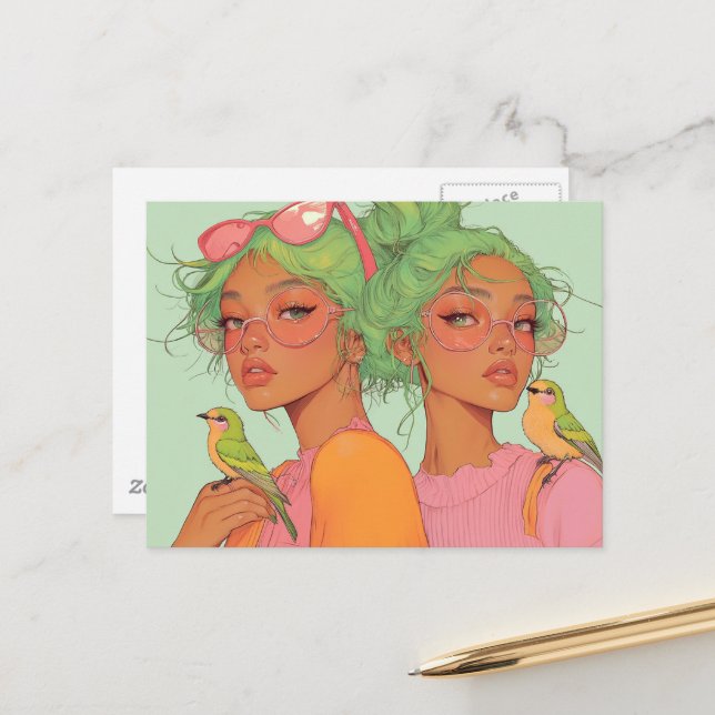 Whimsy Girls With Birds Postcard (Front/Back In Situ)