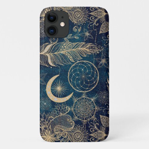 Whimsy Gold Glitter Dreamcatcher Feathers Mandala iPhone 11 Case