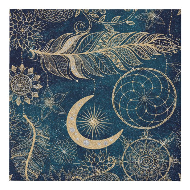 Whimsy Gold Glitter Dreamcatcher Feathers Mandala Faux Canvas Print (Front)